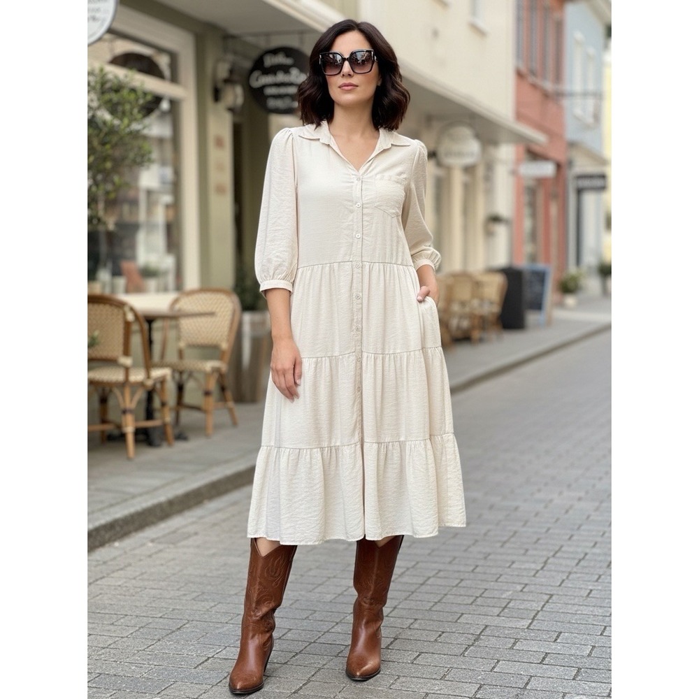 & Merci Ivory Tiered Shirt Dress Medium Boho Button Front Maxi Lined Pockets